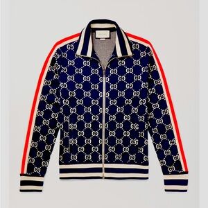 Gucci Track Jacket, Size L, Blue and Ivory GG Jacquard Fitted Jersey